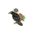 Detail of gothic raven and red rose enamel brooch pin with a golden crescent moon - Crow With Moon Star And Red Rose (XZ3249)