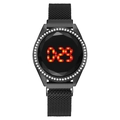Montre LED noire tactile à la mode avec lunette diamantée et bracelet magnétique - Noir