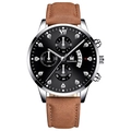 Men's business quartz watch featuring a brown suede strap and black dial with crystal markers - Brown Strap Silver Case Black Face Silver Hands