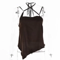 Detail view of the back showing crisscross lace-up straps on black satin camisole top - S / Brown