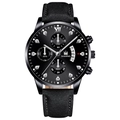 Macro detail of business quartz watch face with Roman numerals and calendar display window - Black Band Black Case Black Dial Silver Hands