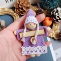 Handmade purple felt girl doll pendant with wooden beads for Christmas decoration - Purple Felt Lace Trim Wood Button Doll (A11)