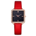 Square star dial watch with rose gold bezel and red leather strap for women - Red Lychee Pattern