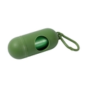 Green pill-shaped dog poop bag dispenser with portable hook and internal waste bag roll - Dark Green