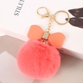 Pink faux fur pompom keychain with orange leather bow and sparkling rhinestones - Bright Watermelon Red - Litchi Bow