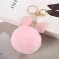 Detail of pink faux rabbit fur keychain with leather bow and sparkling crystal center - Pink - Litchi Bow