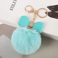 Detail of light blue fluffy pompom keychain with faux rabbit fur and rhinestone bow charm - Aqua Blue - Litchi Bow