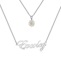 Custom silver-tone double layer necklace featuring a flower pendant and Everley nameplate - Double Layer Daisy Name Necklace / Silver