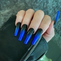 Long coffin press-on nails with black and electric blue gradient and glossy finish - Black Blue Gradient Style (JP964)