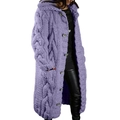 Detailed close-up of purple chunky cable-knit cardigan showing large buttons and hood - S / Purple