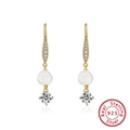 925 silver gold drop earrings featuring a white rose and a round zircon stone - Rose Flower Pendant Hook / Gold White Flower (SE334)