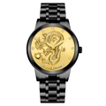 Men's black steel watch featuring a golden dragon relief dial and diamond hour markers - Gold Dial Black Case Black Strap