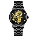 Men's quartz watch with black metal band and 3D golden dragon relief on the dial - Black Dial Black Case Black Strap