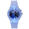 Detail view of glowing light-up cartoon watch with Frozen movie theme for kids - Purple Ice Group