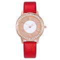 Women's rose gold watch with crystal bezel, white dial and red pebble leather strap - Red