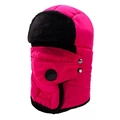 Detalle del gorro de aviador rosa con piel sintética negra y válvula de respiración - Talla única / Rosa