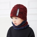 Winter beanie and neck warmer set for boys in dark red and black knit with warm fleece lining - Kids Wine Red Set