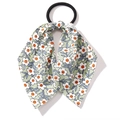 Light green floral bow scrunchie with white daisy pattern and black elastic band - Light Green White Floral