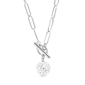 Silver square link chain necklace with sparkling crystal ball pendant and T-bar toggle clasp - Steel Color Necklace (KN115144-Z)