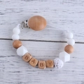 Silicone and beech wood baby pacifier clip with white beads and BABY letter blocks - White