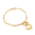 Golden paperclip chain bracelet with heart pendant and T-bar toggle clasp detail - Gold Bracelet (KB139661-Z)