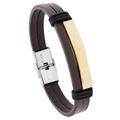 Detail of braided brown leather strap with polished gold-tone metal plate and steel clasp - Brown Leather + Gold