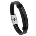 Minimalist black leather men's bracelet featuring a black metal plate and silver clasp - Black Leather + Black