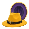Detail of wool fedora with cattle skull metal buckle and ethnic woven band accents - M (56-58cm) / Yellow + Purple