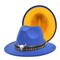 Detail of blue fedora featuring ethnic band and silver bull head accessory with orange brim - M (56-58cm) / Royal Blue + Yellow