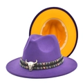 Detail of purple fedora hat featuring yellow brim lining and silver bull head metal buckle - M (56-58cm) / Purple + Yellow