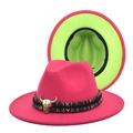 Two-tone wool fedora hat in magenta and neon green with ethnic band and bull head ornament - M (56-58cm) / Rose Red + Fruit Green