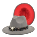 Detail of wool fedora hat with ethnic band, bull head charm, and contrast red brim interior - M (56-58cm) / Light Gray + Red