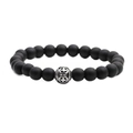 Matte black beaded bracelet with engraved silver stainless steel cross charm on white background - Matte Black