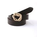 Women's black leather belt featuring a detailed golden snake buckle on a white backdrop - Coffee