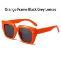 Oversized square sunglasses with orange frame, grey lenses and gold rivet accents - Orange Frame Black Grey Lens