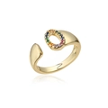 Macro detail of 18K gold letter O ring with micro-pave rainbow crystals on white background - Adjustable Open / Letter O