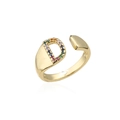 Detailed macro view of 18K gold open ring featuring letter D with colorful zircon stones - Adjustable Open / Letter D
