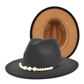 Détail d'un chapeau fedora en laine avec bord plat, perles blanches et design bicolore - M (56-58cm) / Noir + Camel
