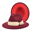 Klassischer zweifarbiger Wollfilzhut in Burgunder und Rot mit beigem Lederband - M (56-58cm) / Weinrot + Rot