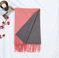 Thick warm double-sided scarf with coral pink and dark grey fringe details - Watermelon Red + Grey