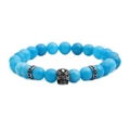 8mm blue agate stone bead bracelet with a silver skull charm on a clean white background - Sky Blue/Silver