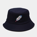Close-up of navy blue cotton bucket hat with colorful embroidered feather pattern - M (56-58cm) / Navy Blue