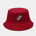 Top-down view of red cotton bucket hat featuring colorful feather embroidery detail - M (56-58cm) / Burgundy