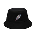 Ethnic style black cotton bucket hat featuring a colorful feather embroidery pattern - M (56-58cm) / Black