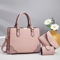 Three-piece mauve tote bag set with woven texture leather and golden metal hardware - Pink