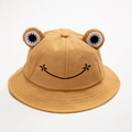 Mustard yellow frog bucket hat for kids with cute embroidery and 3D eye detail - Khaki