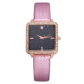 Square starry sky watch with pink leather strap and rose gold rhinestone bezel - Pink Granular Texture