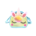 Detail of laser iridescent unicorn crossbody bag with plush pom-poms and adjustable strap - Blue