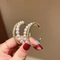 Double-layered gold C-hoop earrings featuring pearls and sparkling rhinestones for women - Silver Needle Double Layer C-Shaped Rhinestone Pearl Style / Gold