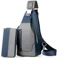 Men's navy oxford sling bag with matching zipper wallet in professional setting - Chest Bag + Wallet Set / Large / Blue